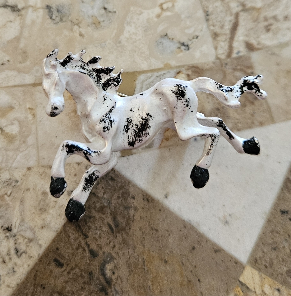 Horse Brooch Pin Enamel Black White Gold Tone Equestrian Wild Mustang Stallion